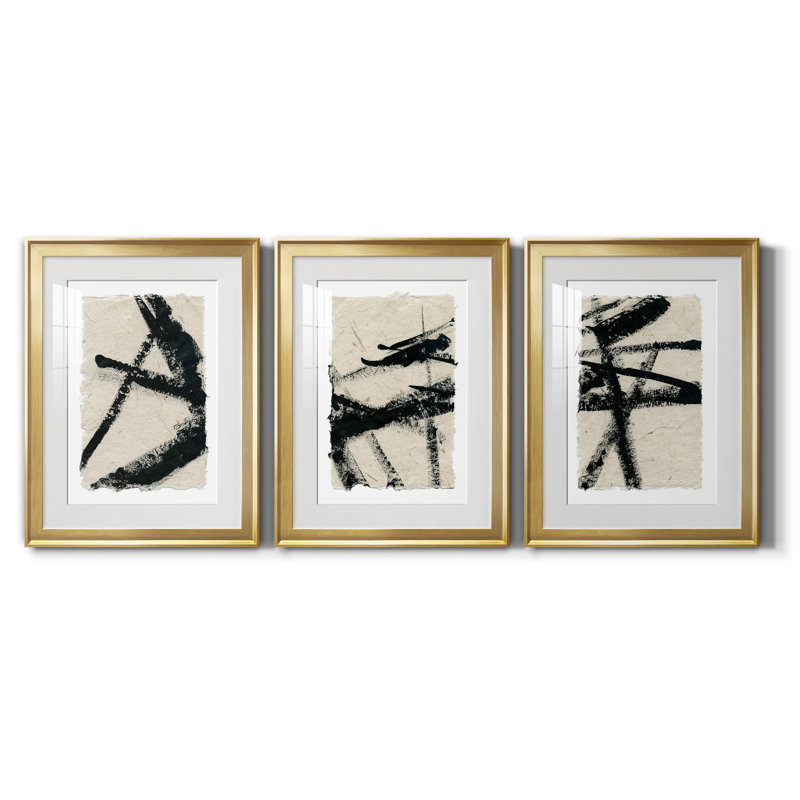 «Lines Crossed I», ensemble de 3 cadres photo, H 18,5 po x l 73,5 po x P 1,5 po, Encadrement doré