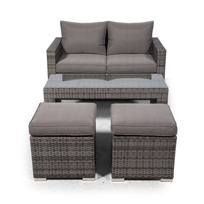 Villatoro Grey Rattan 2 Seat Sofa With 2 Stool Coffee Table, Outdoor Patio Garden Furniture