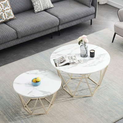 Round Nesting Coffee Table Set with Faux Marble Top and Metal Frame
