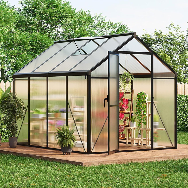 6x8 ft Polycarbonate Greenhouse Upgraded handle model - Heavy-Duty Aluminum Walk-in Garden House with Roof Vent & Lockable Sliding Door - UV Protection & Snow Load Resistant - Integrated Drainage for Backyard, Patio, Lawn, Gray