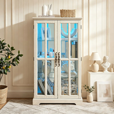 Double Lattice Door Glass Tall Cabinet, Full-Color RGB Light Strip,3 Adjustable Shelves Storage Display Cabinet for Kitchen Living Room Bedroom Office