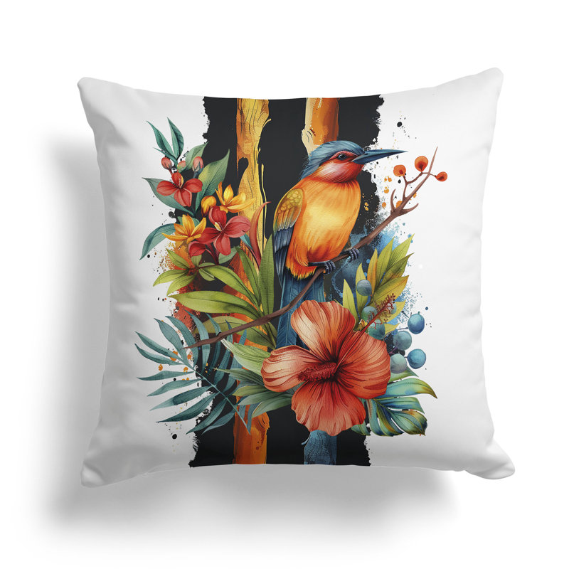 Tropical Jungle Bird  Square Throw Pillow, Blue/Orange, 18"H x 18"W
