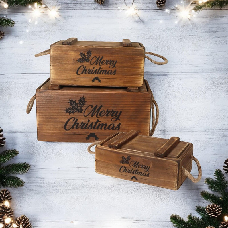 Annalin 3 Piece Handmade Wooden Decorative Box Set, Brown