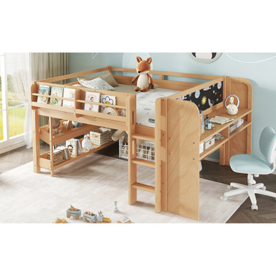 Lit mezzanine double multifonctionnel fabriqué en bois massif, avec rangement, bureau, tableau noir et espace de création, sans sommier à structure en bois, tiroirs à bibliothèque, bureau pour la danse