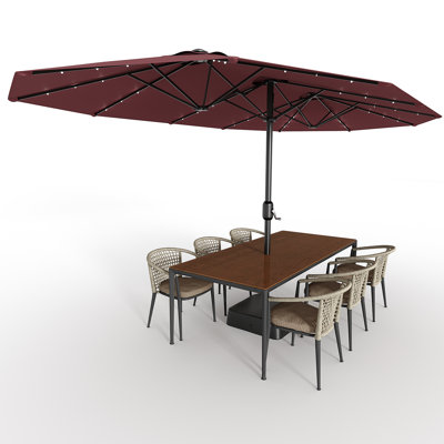 Grand parasol de patio 15 pi avec base et lumières solaires, parasol rectangulaire surdimensionné pour 8 à 10 personnes, 36 lumières DEL et base lestée pour piscine, terrasse, jardin, rouge vin