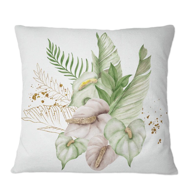 Bouquet tropical avec fleurs et feuilles d'or II - coussin décoratif imprimé tropical, 18 po x 18 po