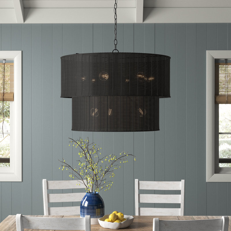 Cuthmore 6-Light Steel Dimmable Drum Chandelier, Matte Black, Black Wicker, 9 Lights