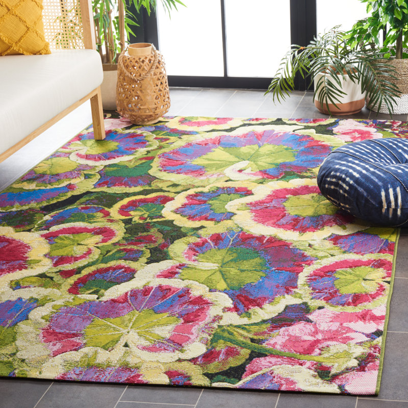 Arainna Makenize Floral Machine Woven Polypropylene Indoor/Outdoor Area Rug in Black/Green/Purple, Rectangle 8'0" x 10'5"