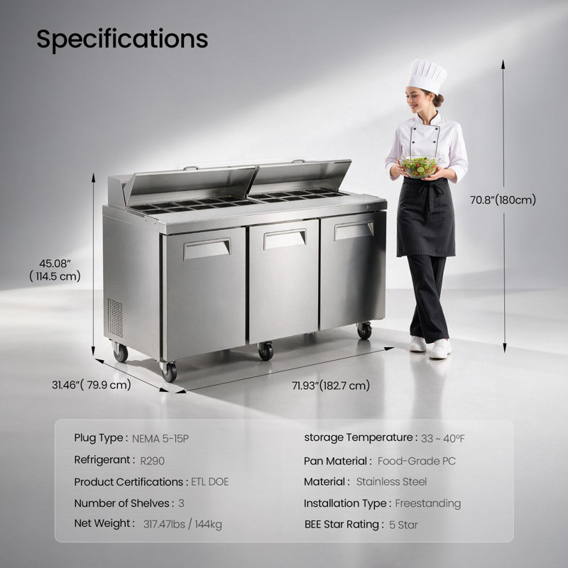 Réfrigérateur commercial avec table de préparation pour salade de sandwich de 72 pouces et 22 pieds cubes avec planche à découper
