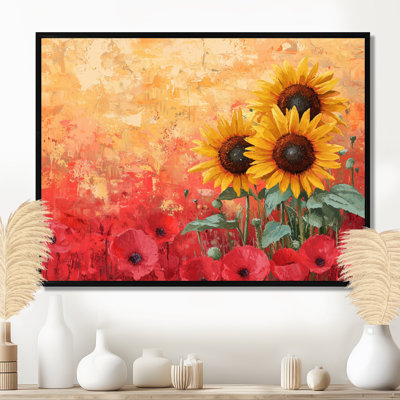 «Duket Sunflowers In The Poppy Field III» - Art mural tournesols