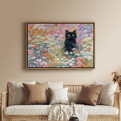 Art mural encadré sur toile - Portrait de chat noir entouré d'un jardin de fleurs sauvages colorées - 16 po x 24 po, 24 po x 36 po