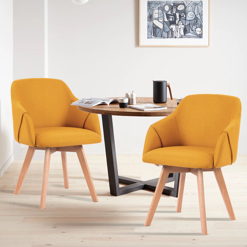 Yellow Linen Upholstered Swivel Dining Chairs with Beech Wood Legs, Set of 2