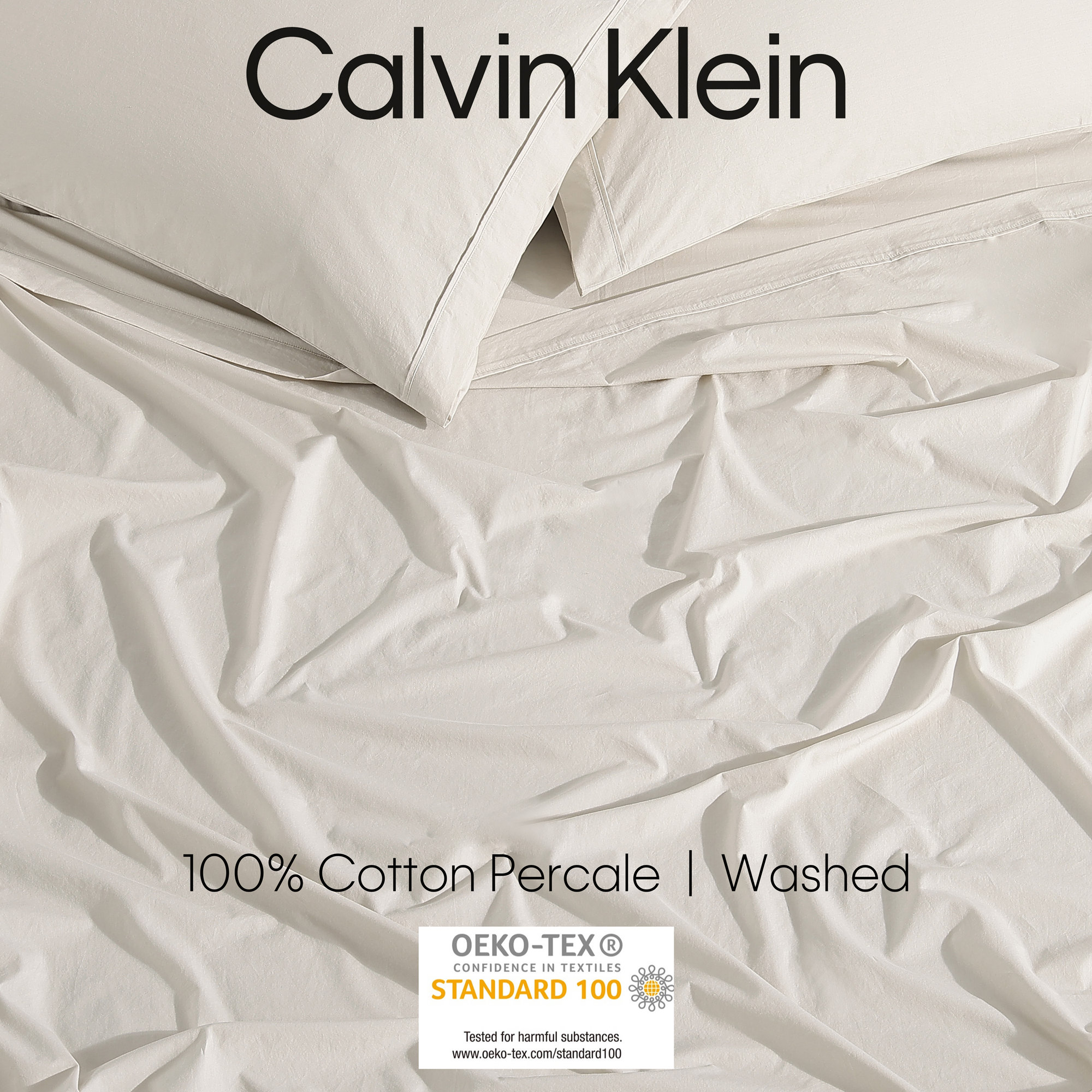 Calvin Klein Washed Cotton Percale Sheet Set, Light Beige, King Sheet Set with 2 Pillowcases