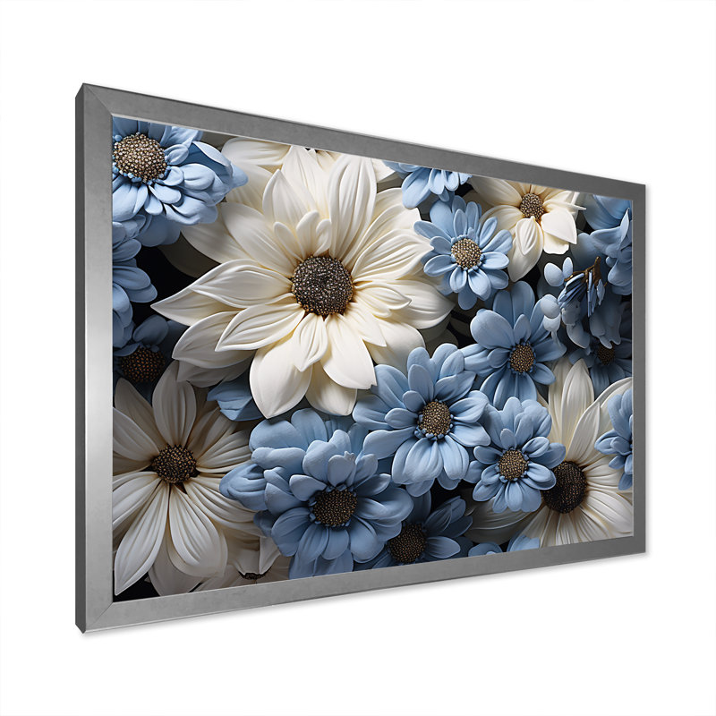 Marguerite blanche et bleue Innocence sur toile, Cadre photo argenté, H 12 po x l 20 po