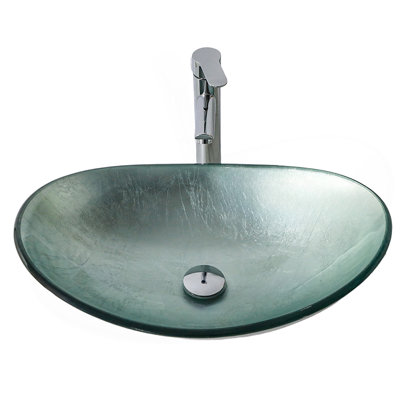 Bathroom Artistic Tempered Glass Silver Vessel Bathroom Sink with Chrome Pop-up Drain, Silver Boat Shape Bathroom Sink Above Counter (no Faucet)