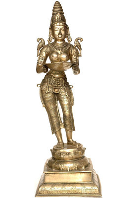 Grande lampe rituelle 51 "en laiton fabriqué à la main Deepalakshmi - Dame Pavai Diya avec perroquets et mèche simple