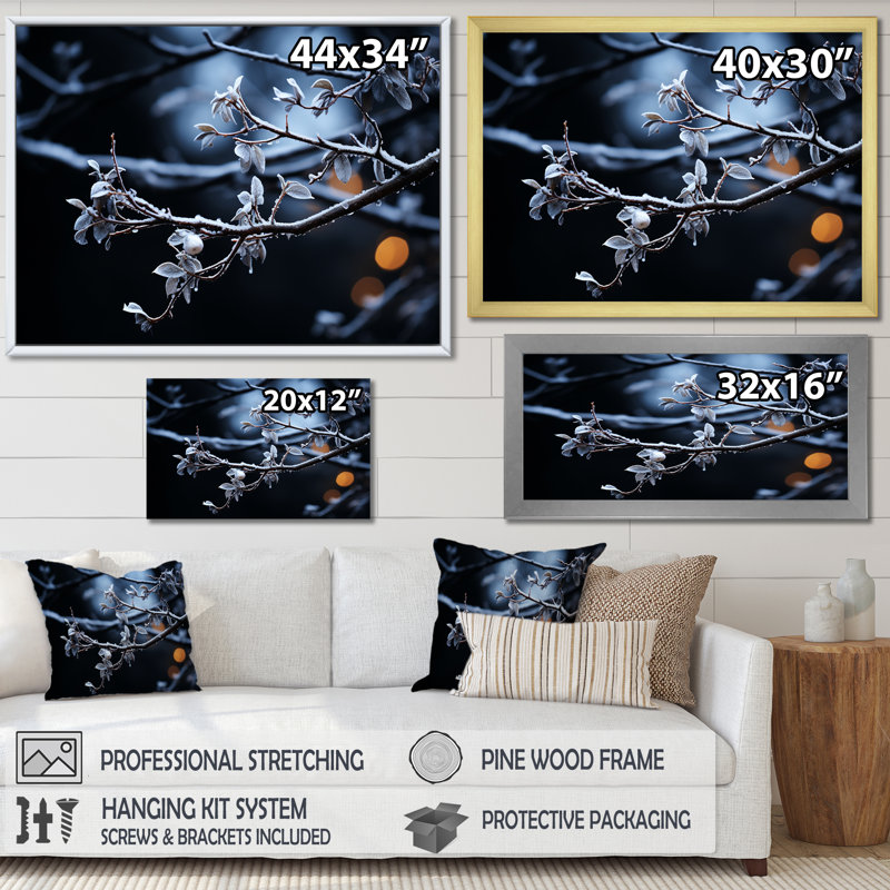 «Moonlit Canopy Winter Tree V», art mural paysage d'hiver, H 12 po x l 20 po x P 1 po, Cadre flottant noir