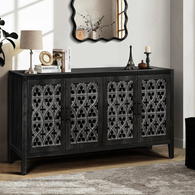 Wooden Console Table Cabinet - 4 Doors Storage With Symmetrical Floral Pattern Living Room Material Functional