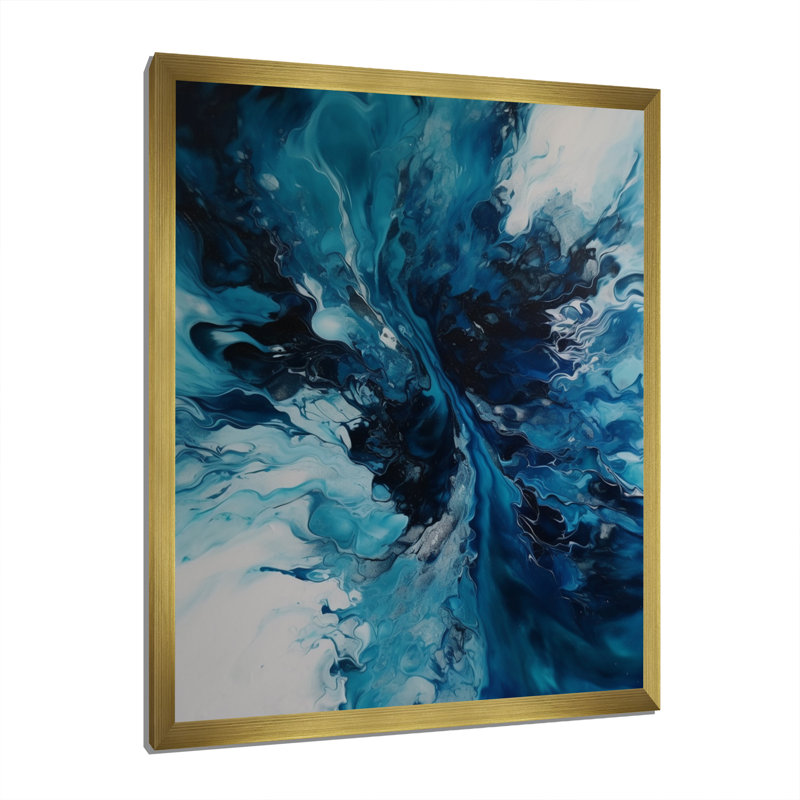 Art mural sur toile abstrait bleu sarcelle et noir, Cadre doré simple, H 32 po x l 24 po x P 1 po