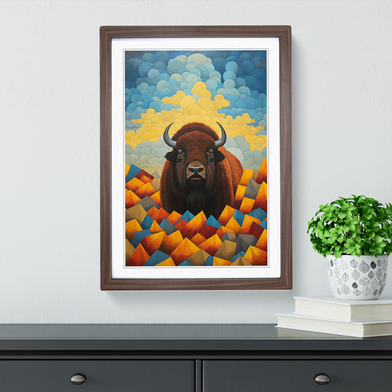 Bison Dadaism Art - Framed Print, 64cm H x 46cm W x 2cm D, Walnut Framed