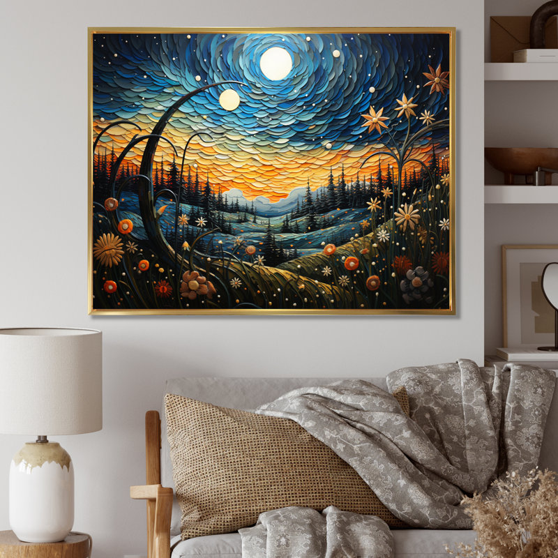 Meadow Bold Horizon Pointillism - Landscapes Wall Art Living Room, H 24 po x l 32 po, Cadre flottant doré