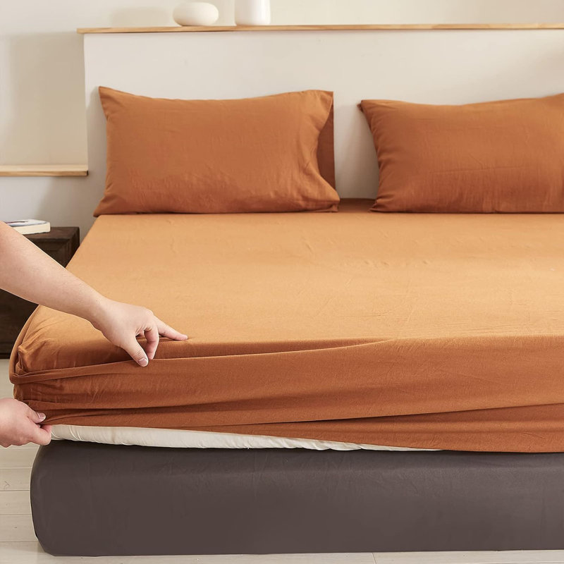 Linen Cotton Fitted Sheet, Rust, Twin Fitted Sheet