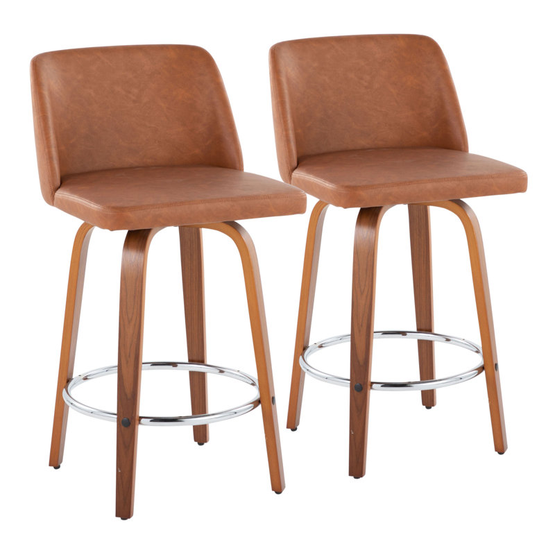 Toriano Mid-Century Modern Fixed-Height Counter Stool In Walnut Wood With Round Chrome Footrest And Black Faux Leather By Lumisource - Set Of 2
