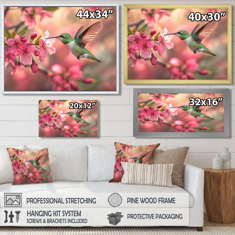 Colibri et fleurs - oiseau, art mural, Cadre flottant, H 24 po x l 32 po, Doré
