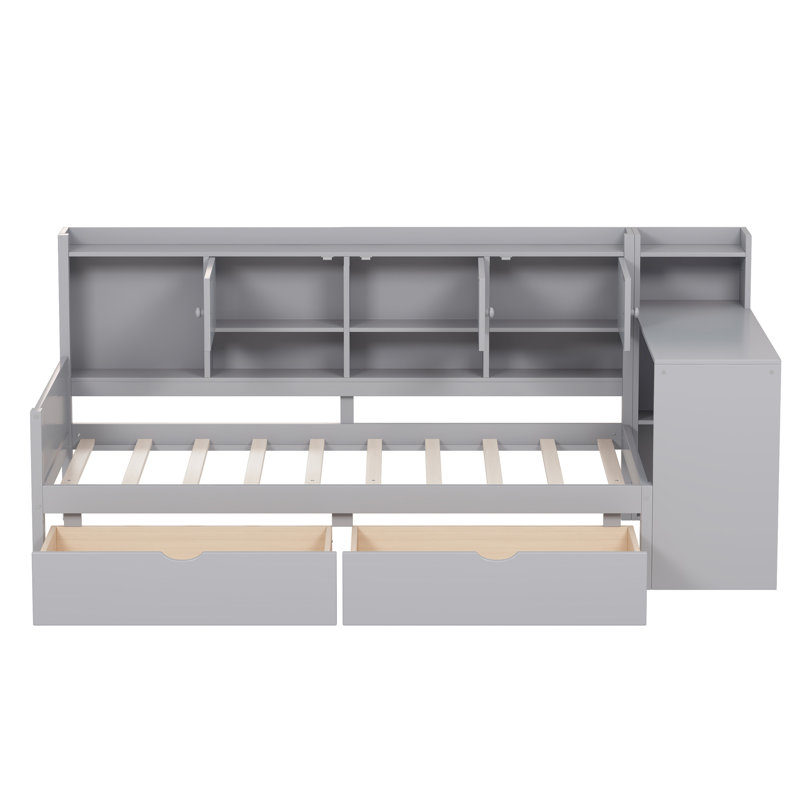 Lit de jour simple avec 3 armoires de rangement, 2 tiroirs, bureau réglable et tablette intégrée - Bois pour une étude de durabilité