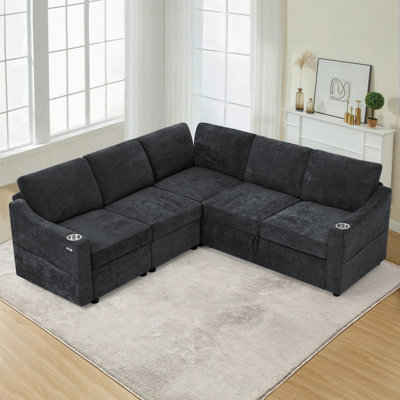 Canapé-lit modulaire moderne de 84 po à 5 sièges avec dossier réglable, canapé modulaire en L en chenille avec chargement USB et lit escamotable, canapé d'angle convertible avec porte-gobelets et repose-pieds pour le salon, le bureau