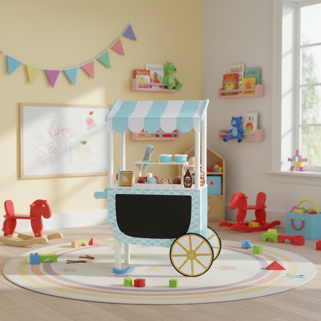 Teamson Kids My Little Helper Pretend Play Wooden Ice Cream Cart with 33-Pcs Accessories Set & Magnetic Scoops Teamson Kids