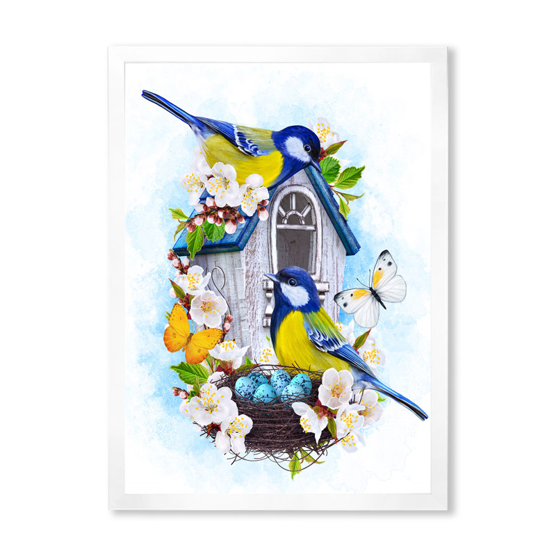 Deux mésanges assis près du nid avec œufs I - Impression sur toile, H 40 po x l 30 po x 1,5 po, Toile blanche encadrée