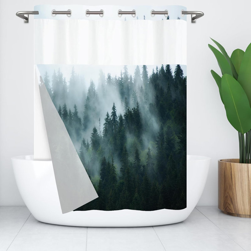 Rideau de douche sans crochet avec doublure encliquetable, tissu imperméable double couche avec fenêtre en filet, conception de paysage naturel de forêt brumeuse, installation hôtelière facile, lavable à la machine