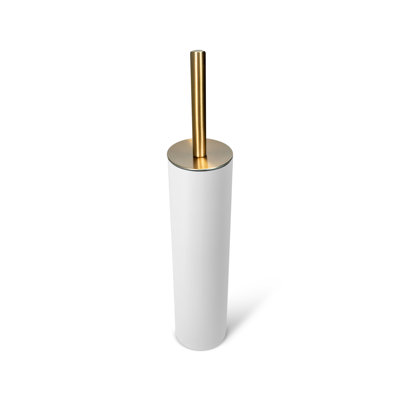 Slim Round Holder, Metal  Removable Plastic Liner Tall  Bathroom Toilet Brush, Soft Touch White and Gold