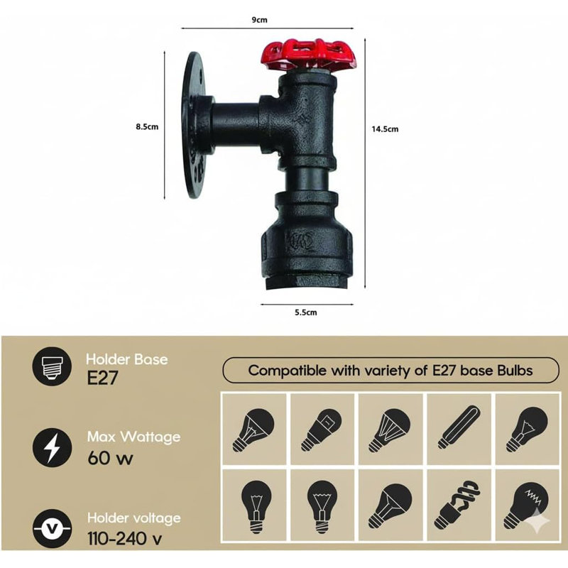 Industrial Vintage Water Pipe Wall Valve E27 Steampunk Interior Lighting Fixture for Loft, Bedroom, Bar, Pub, Farmhouse, Café, Hotel