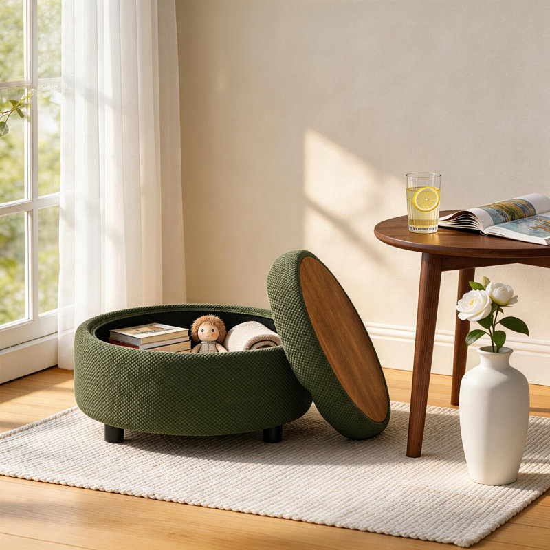 Table basse avec repose-pieds capitonné rond de 25 pouces avec rangement, table basse moderne avec rangement et couvercle amovible