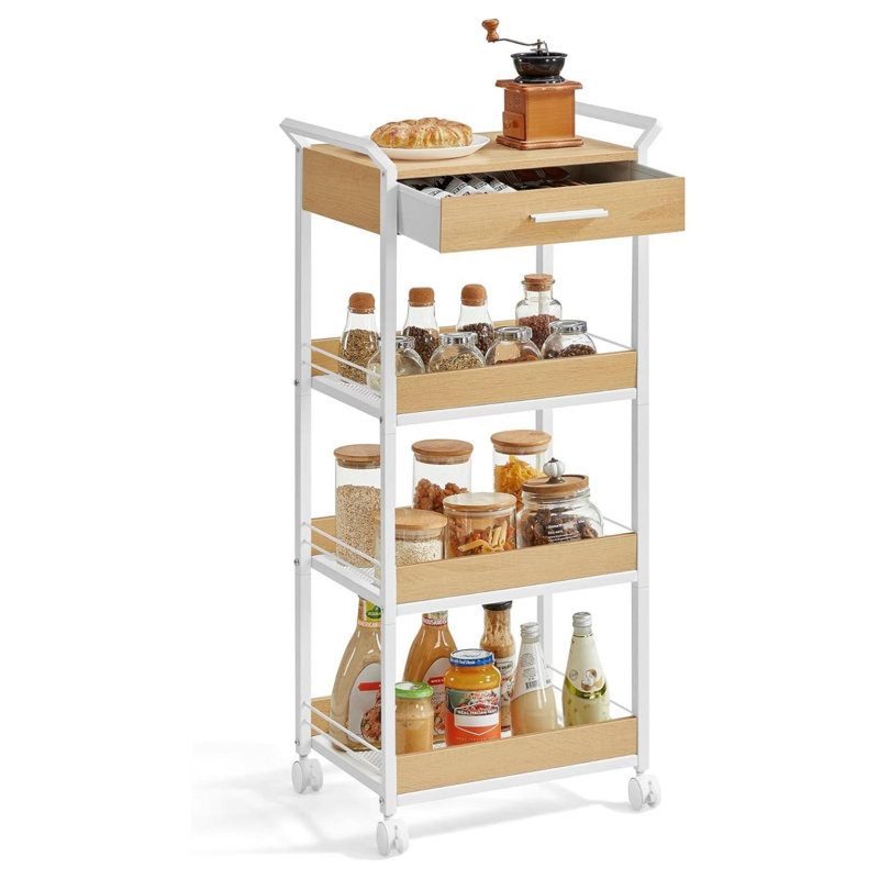 Chariot utilitaire roulant à 4 niveaux avec plateau de table, poignées, 4 roulettes verrouillables, tiroir supérieur, tablettes en filet, pour la cuisine, la salle de bain, la chambre à coucher, chêne doré et blanc nuage