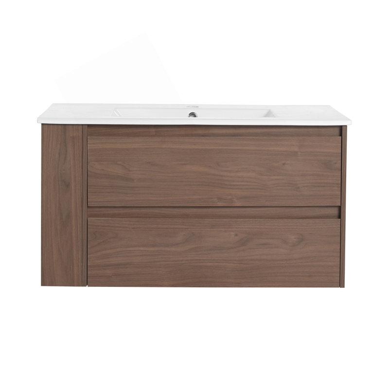Meuble-lavabo mural 36 po avec lavabo en céramique et tiroir à fermeture en douceur, design élégant et peu encombrant, Brun