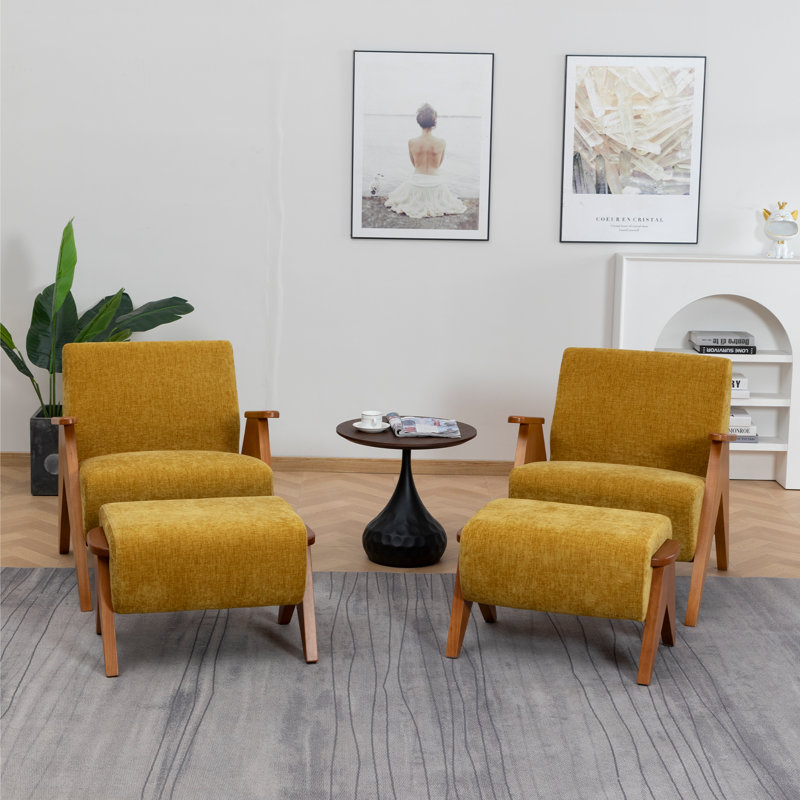 Upholstered Chenille With Footstool Armchair, Yellow, 2