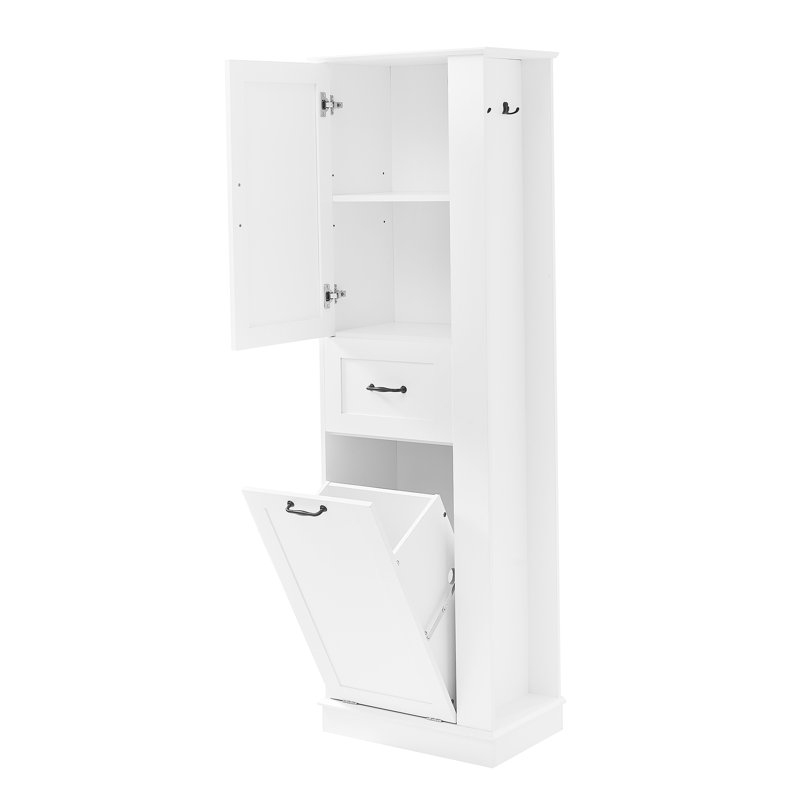 Modern Tall Storage Cabinet – Tilt-out Compartment, Adjustable Shelves, White