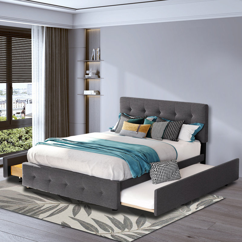 Modern Minimalist Upholstered Platform Bed With Two Drawers And A Hidden Pull-Out Bed, Dark Grey