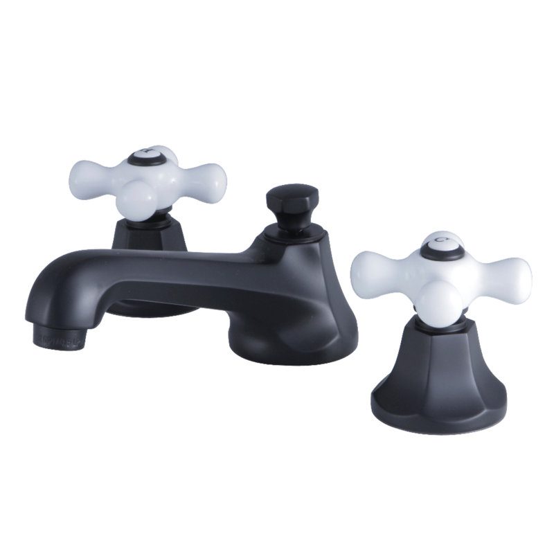 Kingston Brass Metropolitan Two-Handle 3-Hole Deck Mount Widespread Bathroom Faucet with Brass Pop-Up Drain, Matte Black