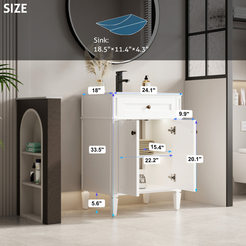  Meuble-lavabo moderne autoportant de 24 po de style Mid-Century avec lavabo en céramique, robinet et peinture écologique respectueuse de la main