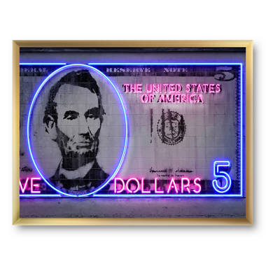 Neon Lincoln on Five Dollar Bill' - Picture Frame Print on Canvas East Urban Home Frame Color: Black Framed, Size: 12 H x 20 W x 1 D