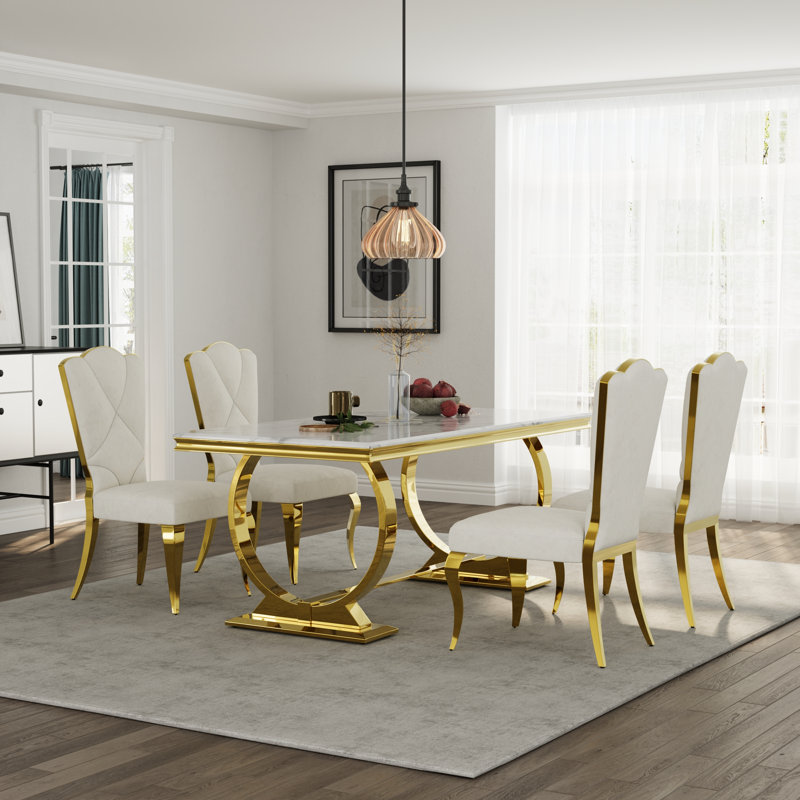 Ensemble de table de salle à manger luxueux et doré avec chaises en velours, 4, Blanc / or / blanc