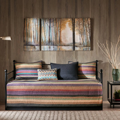 Housse de lit de jour 6 pièces, motif réversible à rayures multiples, matelas simple, housse, chute de 15 po, 3 taies décoratives, coussin décoratif, lavable à la machine, facile à nettoyer