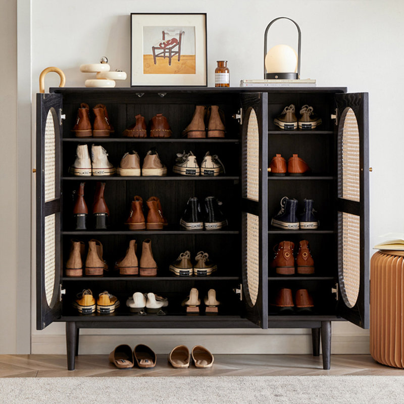 Black + Pale-yellow Solid Wood + Rattan Shoe Storage