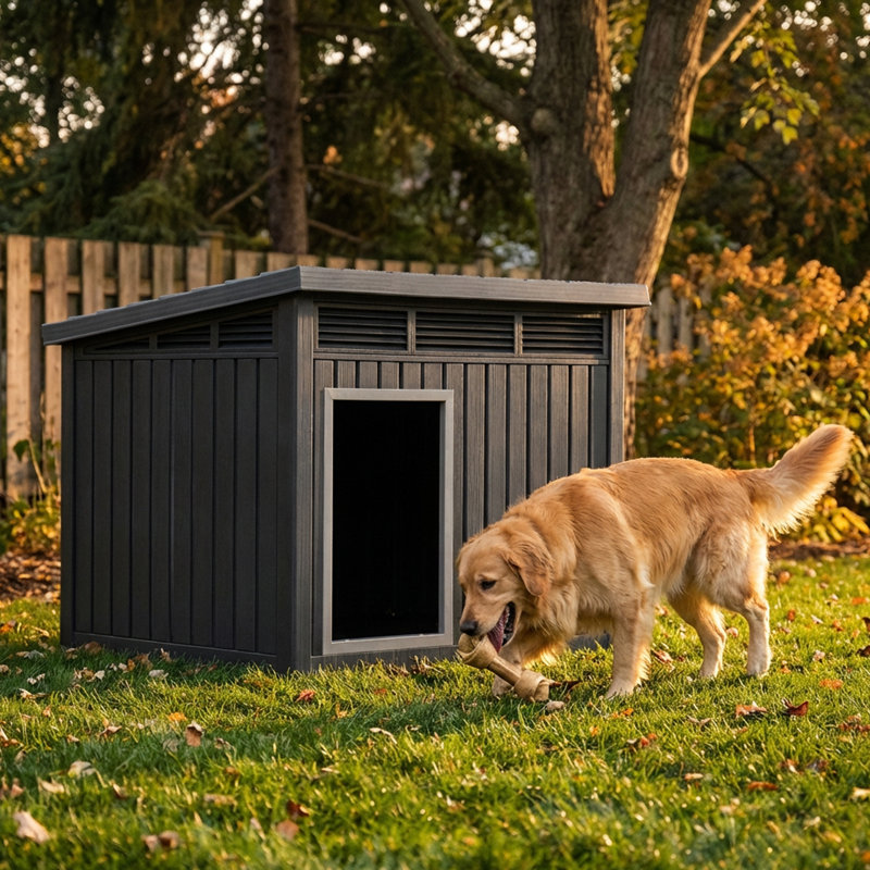 Niche pour chien en résine toutes saisons et toit amovible de 42,87 po pour l'extérieur, pour petits et grands chiens, Noir