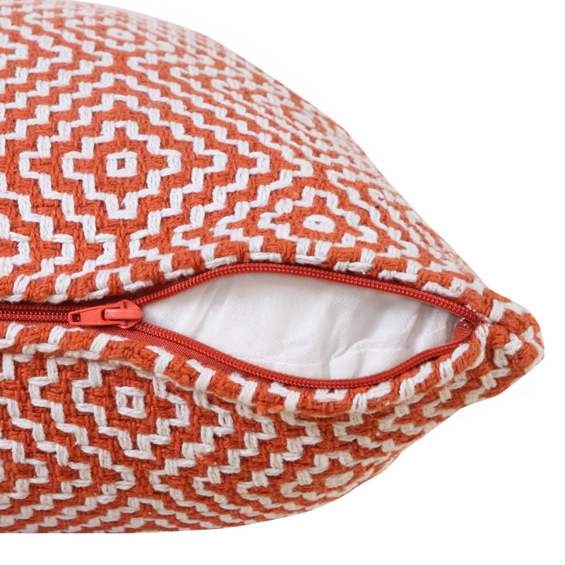 Contemporary Geometric Motif Textured Woven 100% Cotton Decorative Throw Pillow, Orange/White, Polyester/Polyfill