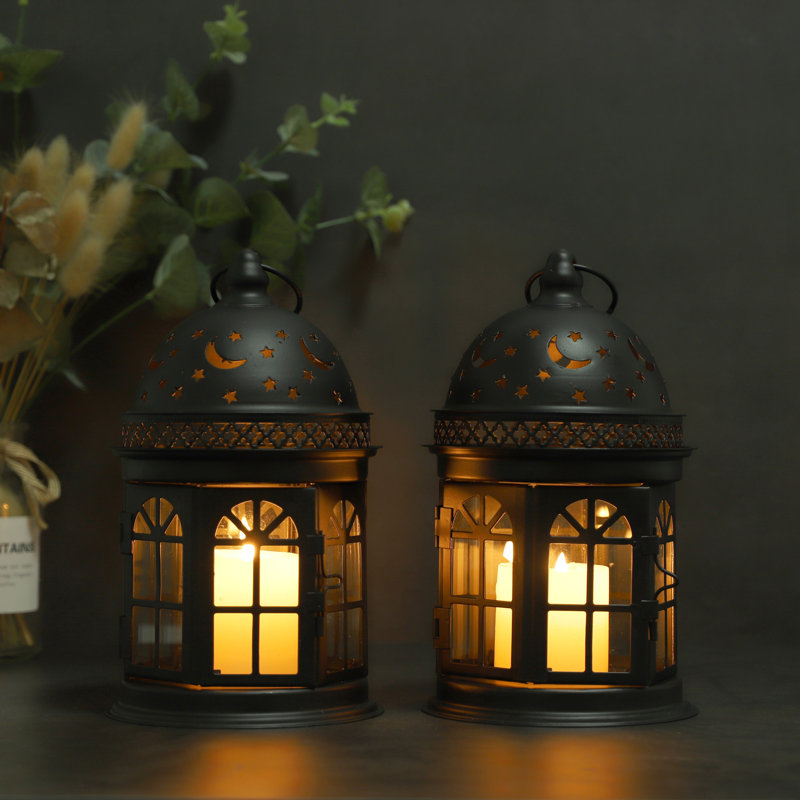 Decorative Candle Lanterns Set 8.5" High Hanging Lantern Metal Candle Holder For Outdoor Hallway, 2